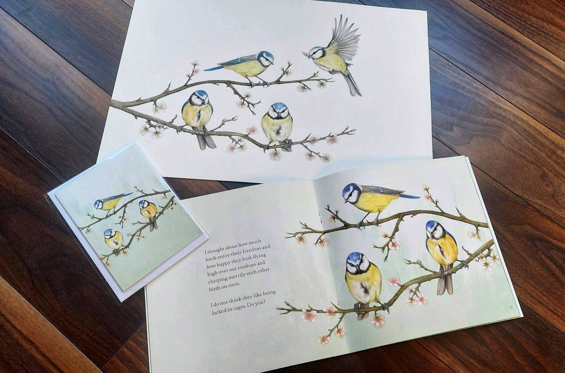 Blue tits on a blossom branch – original watercolour painting